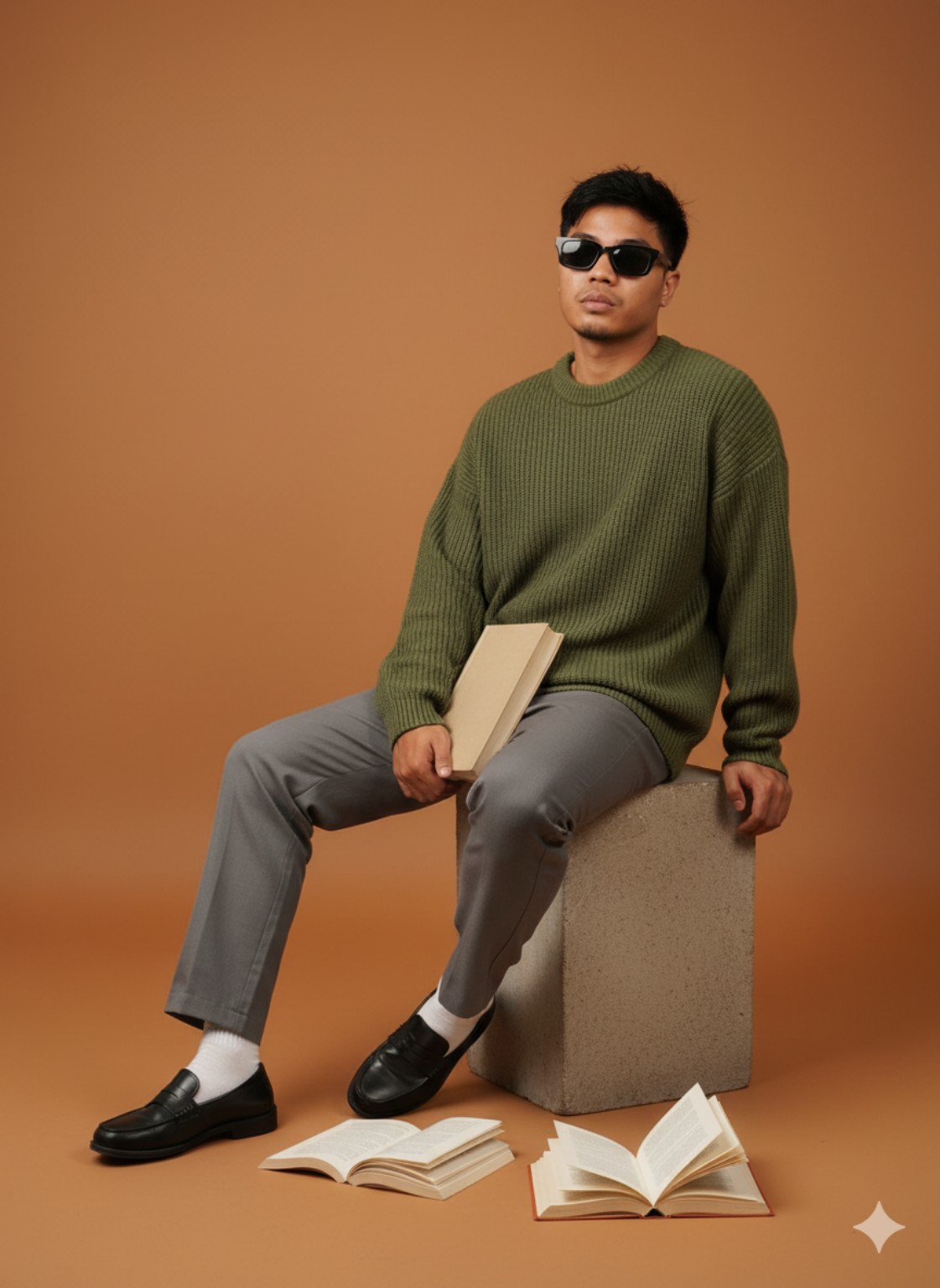 John Clarence Layog seated with a book, wearing a green sweater and sunglasses against a warm orange backdrop.